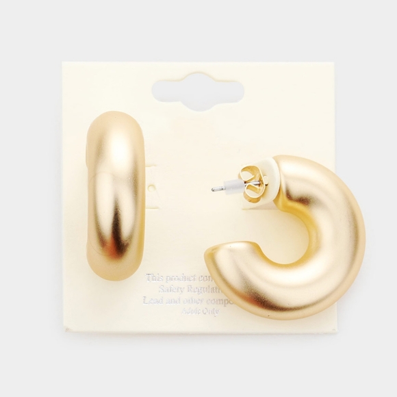 Matte Gold Hoop Earrings 1.2" Casual Simple Thick Chunky Metal Womens Huggie - Picture 1 of 2